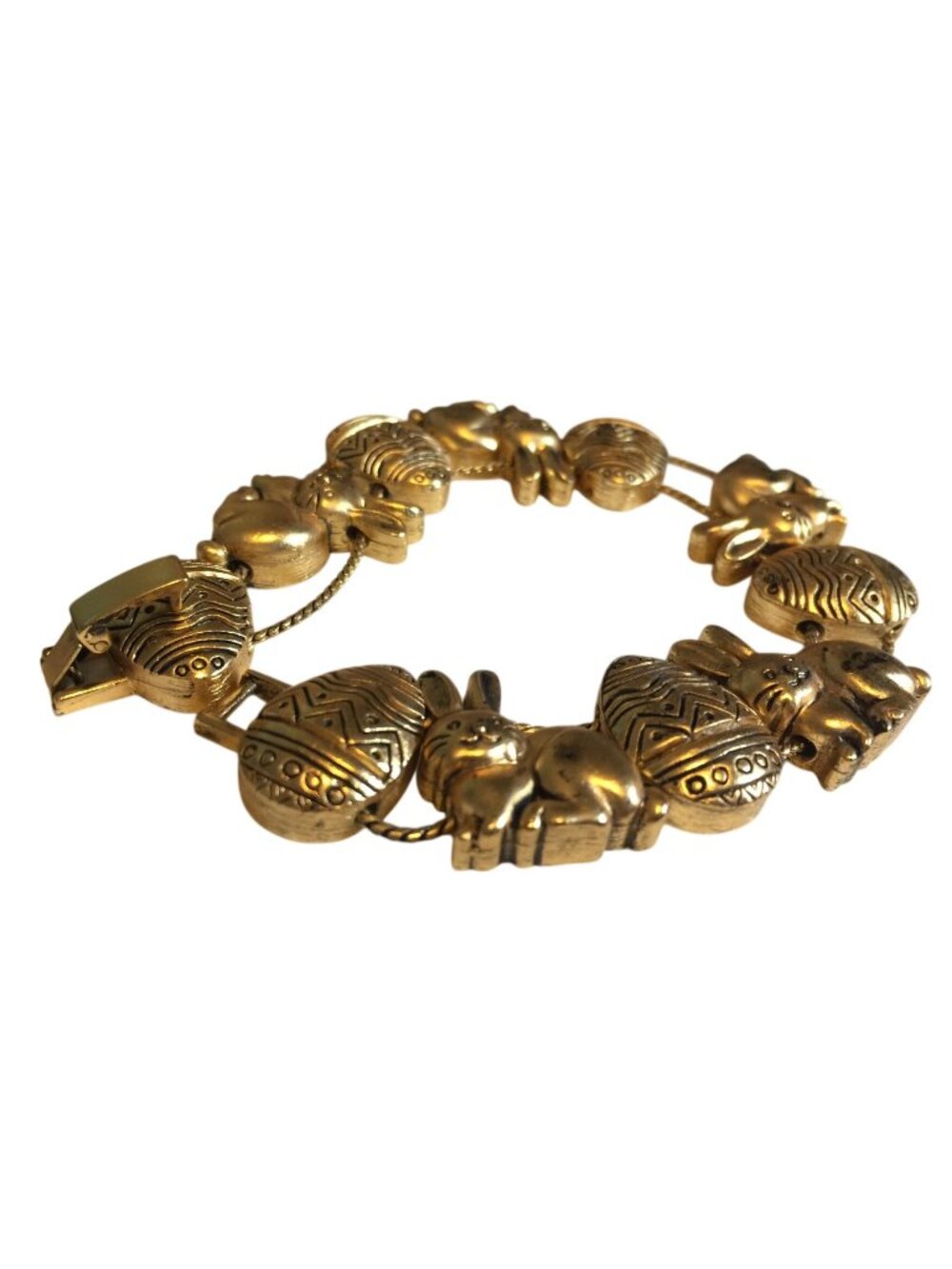 Vintage Gold-Tone Easter-Themed Bracelet W/ Bunny & Egg Charms Textured Design